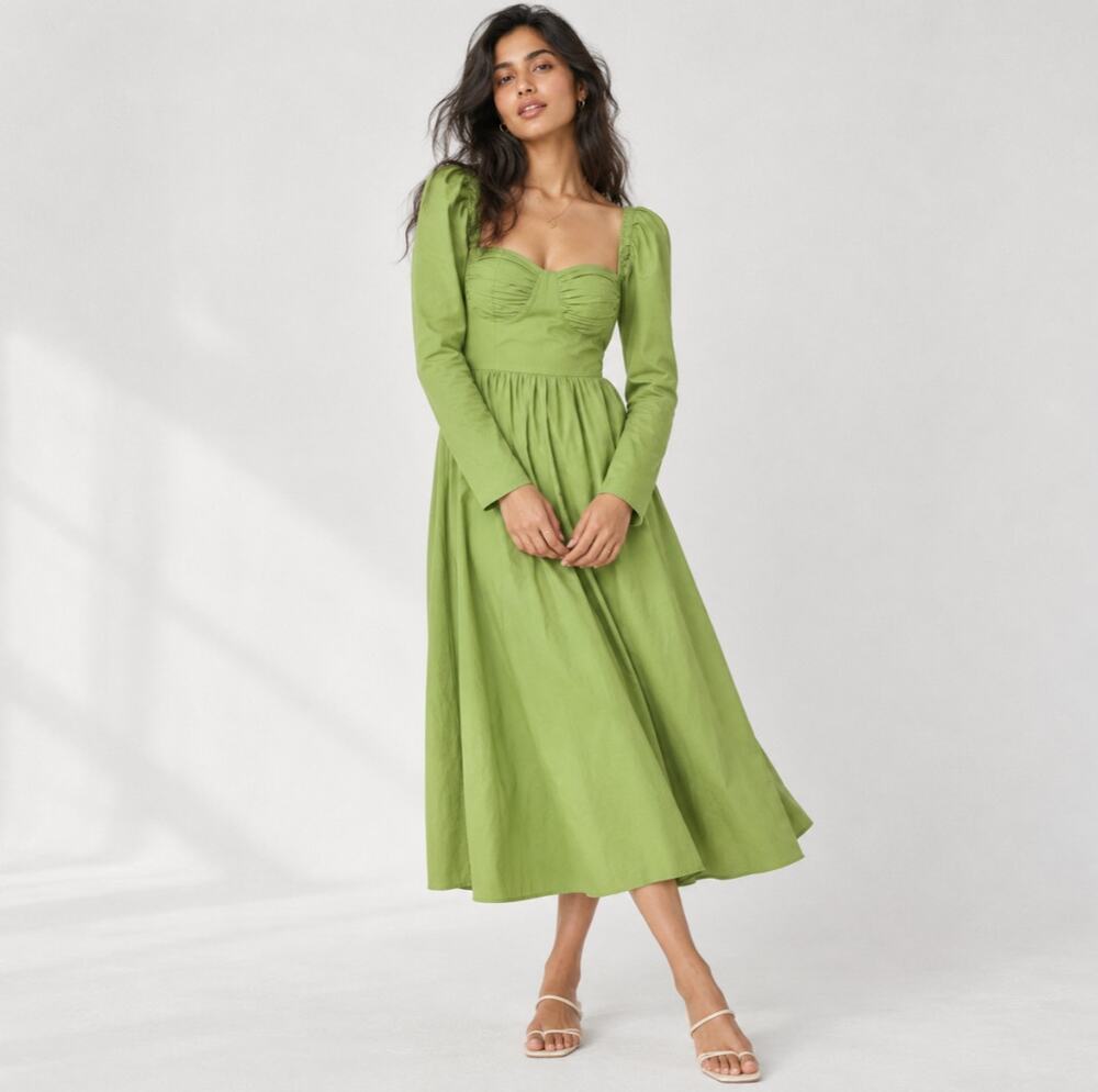 Nasty Gal Green Ruched Bust Open Tie Back Long Sleeve Fitted Midi Dress, size 6